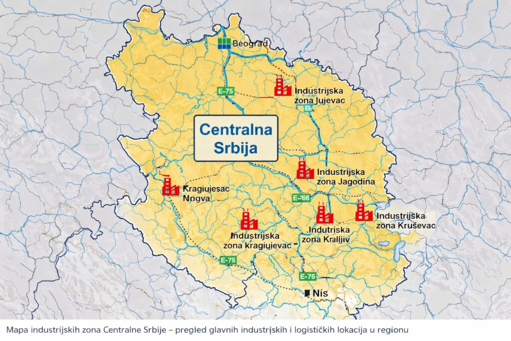 Industrijske zone Centralne Srbije – mapa regiona sa industrijskim i logističkim lokacijama