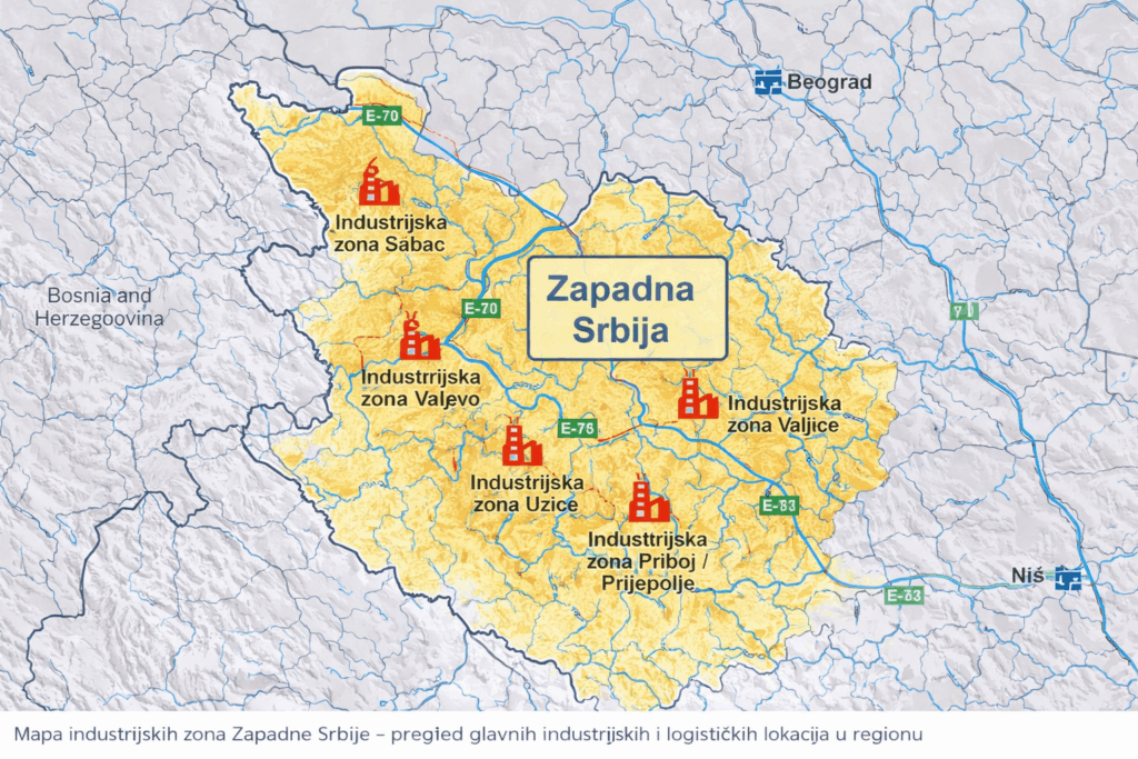 Industrijske zone Zapadne Srbije – mapa regiona sa glavnim industrijskim i logističkim lokacijama
