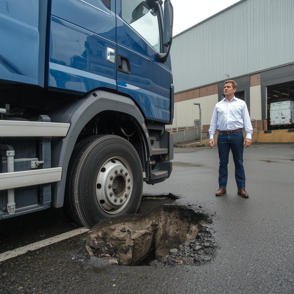 Nosivost manipulativnih površina sa oštećenim betonskim platoom ispred industrijskog magacina
