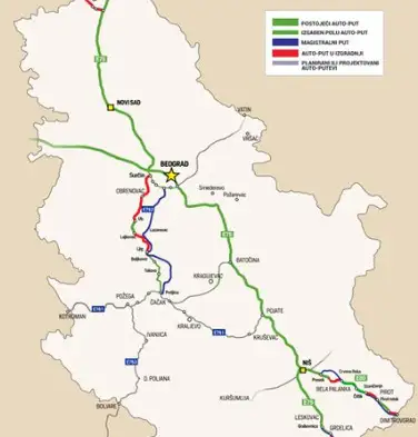 Mapa autoputeva u Srbiji sa prikazom glavnih logističkih koridora i povezanosti Beograda i Pecinaca