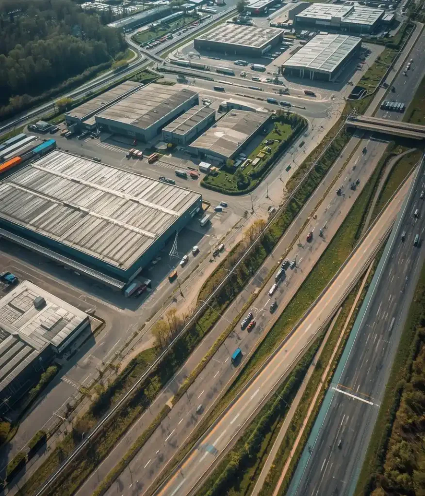 Industrijska zona uz autoput sa magacinima i logističkim objektima u okolini Beograda i Pecinaca