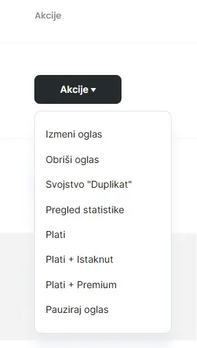 opcije za izmenu brisanje i promociju oglasa na MagPro
