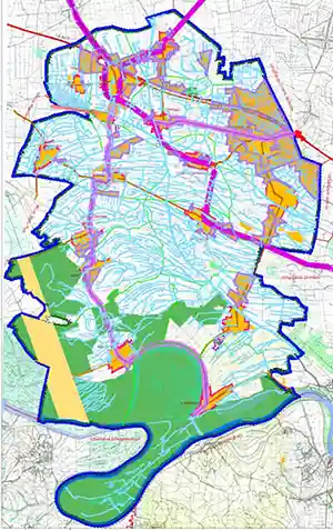 Urbanistički plan Pecinaca sa označenim industrijskim zonama, infrastrukturom i logističkim koridorima